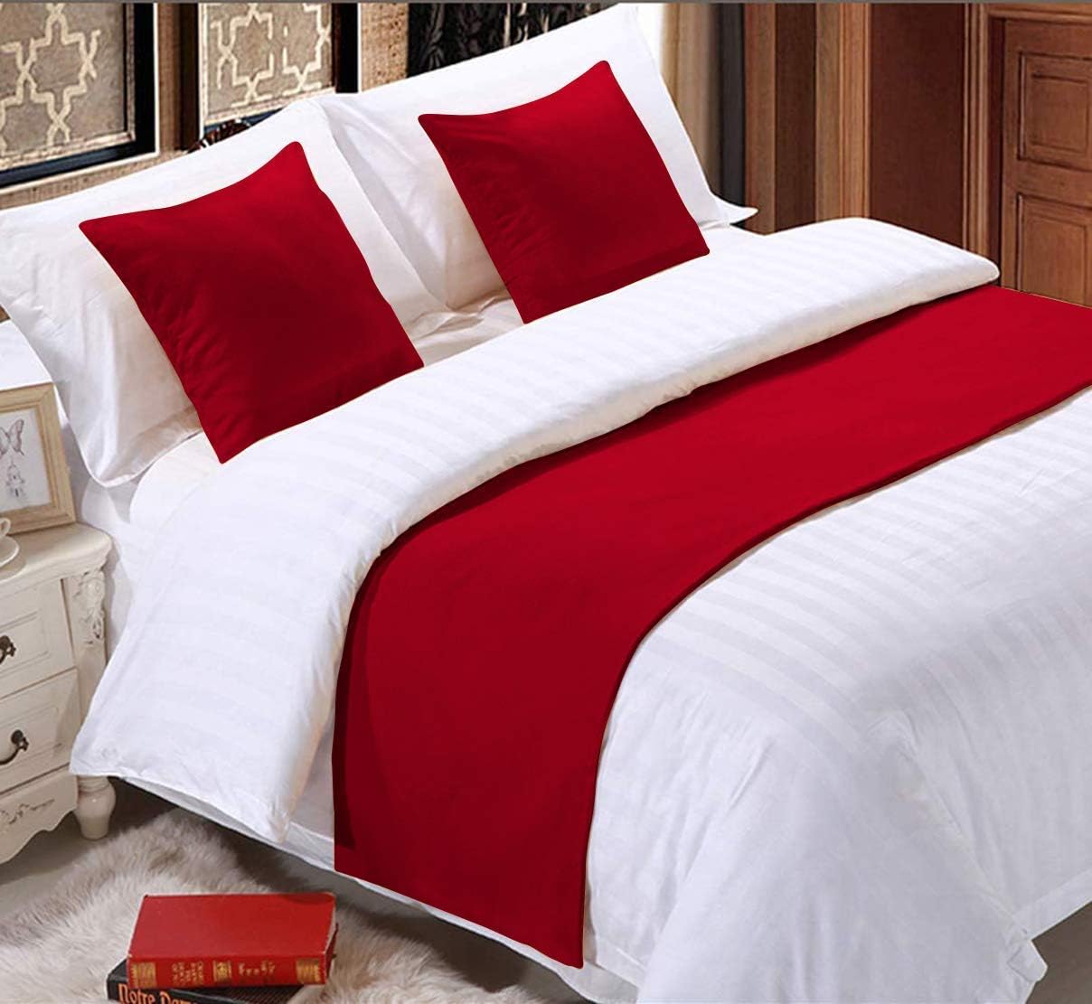 1 Piece 20" Bed Runner Scarf 400 Thread Count Solid Protector Slipcover Decorative Bed Scarf 81" x 20" (Full, Red)