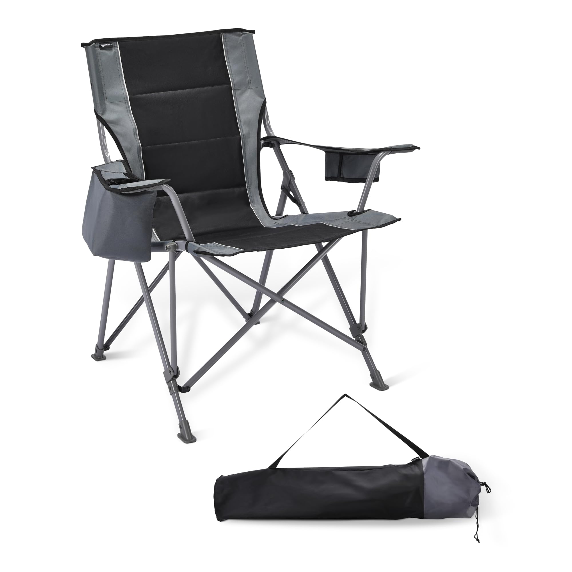 Chaise de camping surdimensionnée Amazon Basics, assise et dossier rembourrés, robuste, design pliable, noir et gris