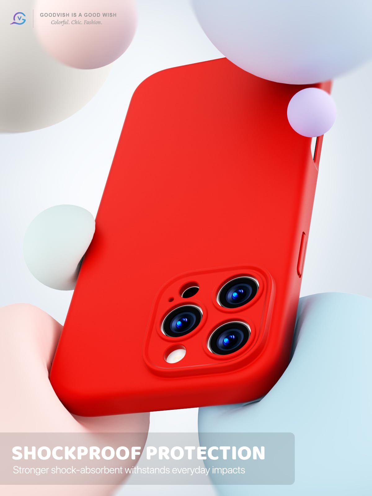 GOODVISH 3 in 1 Silicone Cover per iPhone 16 Pro Max 6.9", Custodia con 2 Pellicola Vetro Temperato [Protezione Fotocamera] 360° Protezione Anticaduta Case per Cellulare Antiurto Resistente, Rosso