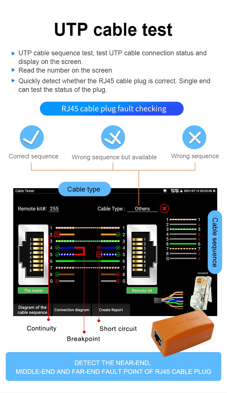 Tester kabli sieciowych CCTV, kabel sieciowy do podłączenia przewodów nr 255, akcesoria do testera kabli CCTV, wykrywanie wadliwych punktów przyłącza sieciowego RJ45