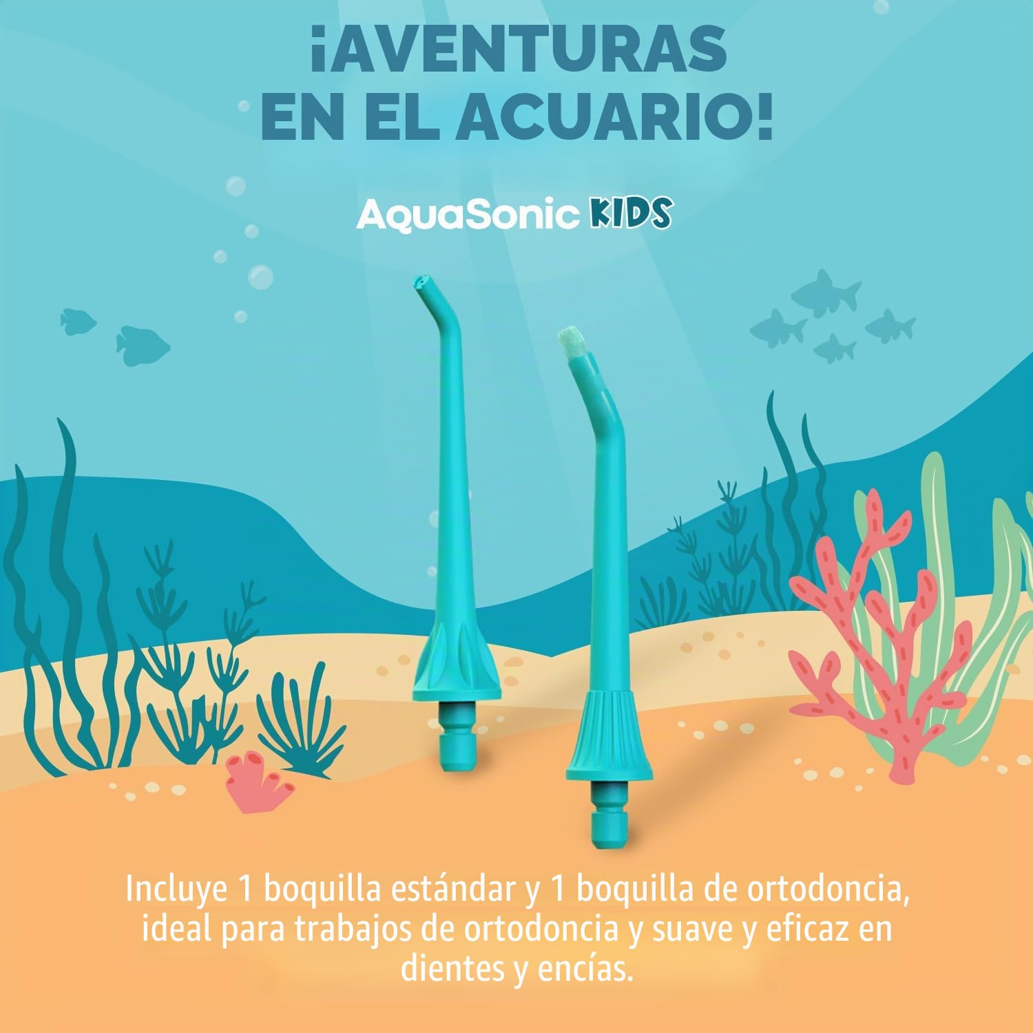 AquaSonic Hilo dental de agua para niños a partir de 6 años | Boquilla estándar, boquilla de ortodoncia y calcomanías impermeables | 4 modos de hilo dental | Tema de aventuras de acuario