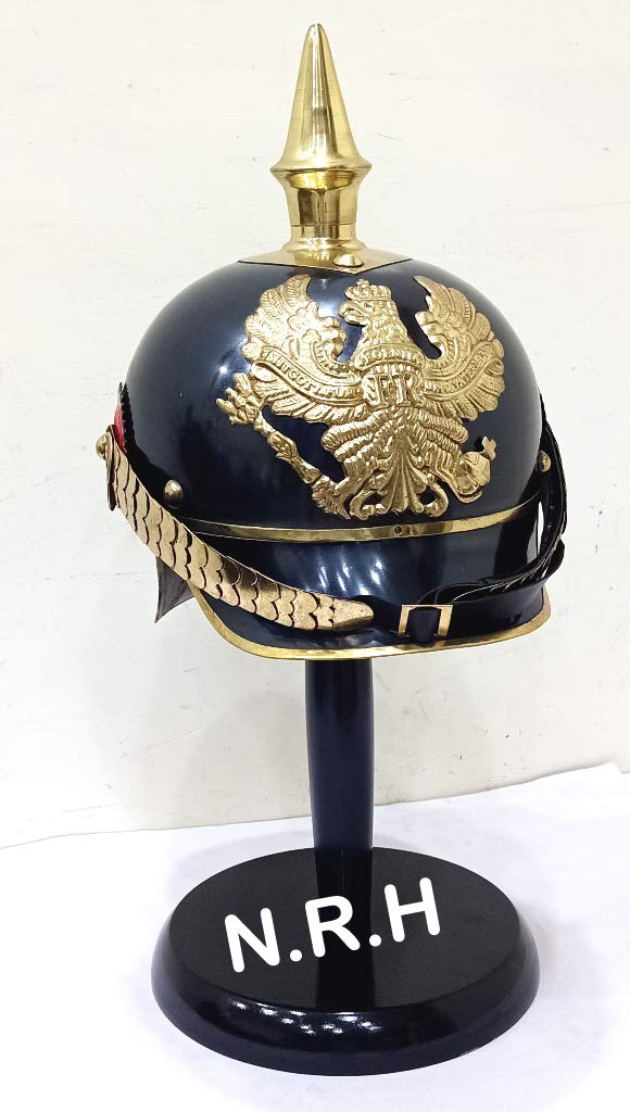German Prussian PICKELHAUBE Helmet Brass Accents Imperial Halloween Officer Spike Helmet PICKELHAUBE Helmet W/Stand