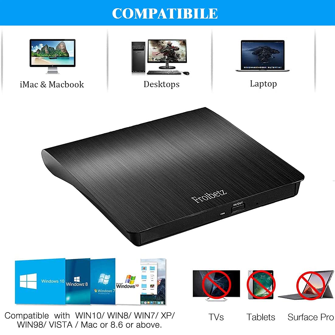 Masterizzatore DVD CD Externo Unità USB 3.0 DVD-R CD-RW Dispositivo Lettore di Schede Portatile Ultra Slim External Disc con Mac/OS/XP/Win11/Win10/Win7/Win8 (Black)