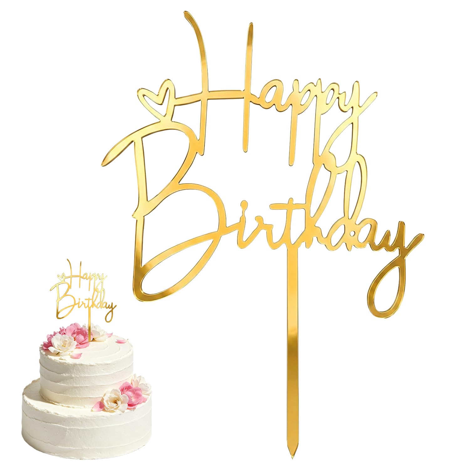 2 Pcs Happy Birthday Cake Topper, Birthday Cake Topper Decorations | Acrylic Happy Birthday Cake Decorations Supplies for Party Anniversary Celebration Baby Shower Bridal Shower (Gold)