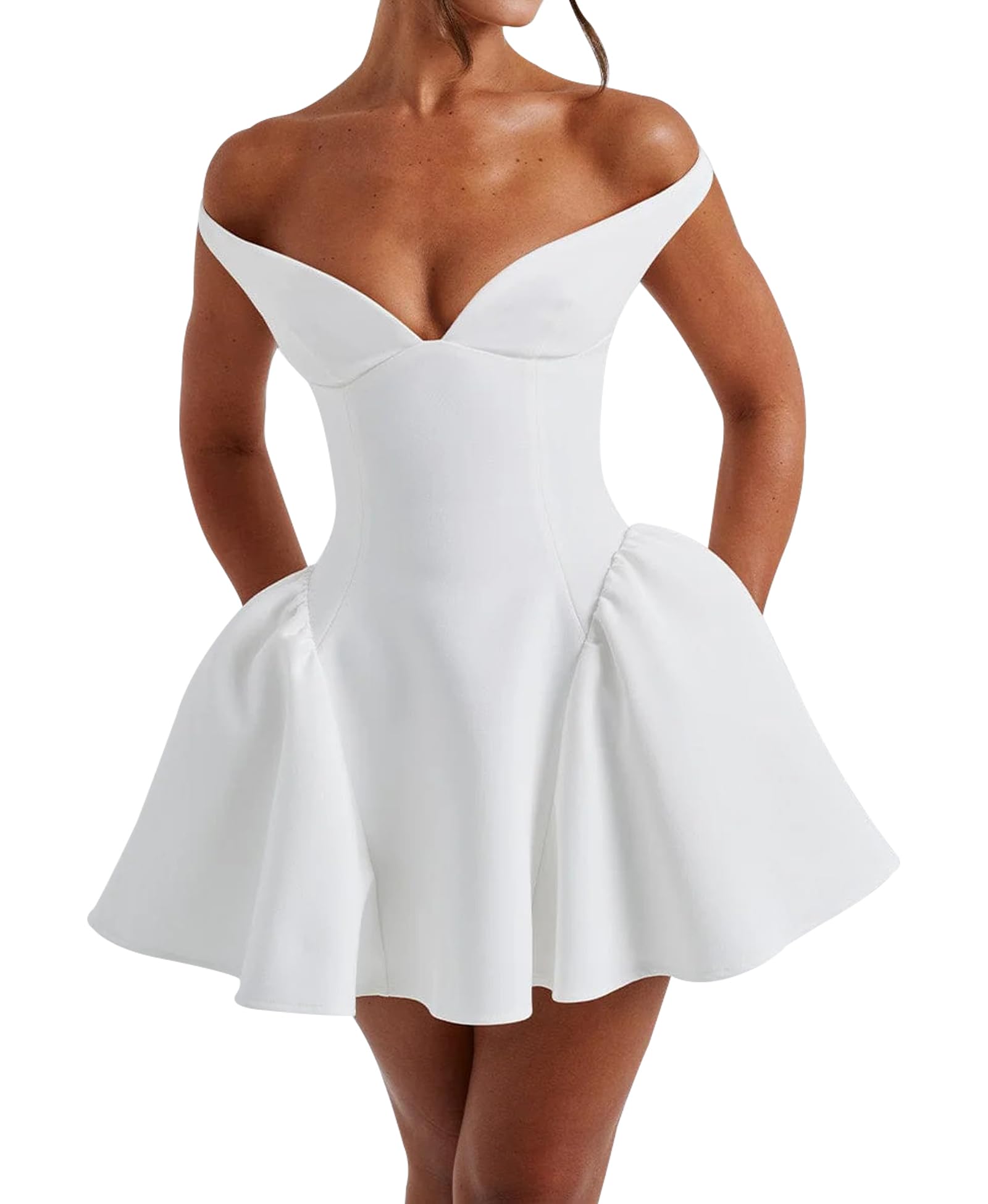 Azhong Womens Summer Sexy V Neck Off Shoulder Wedding Mini Dresses Backless A Line Puffy Hem Prom Party
