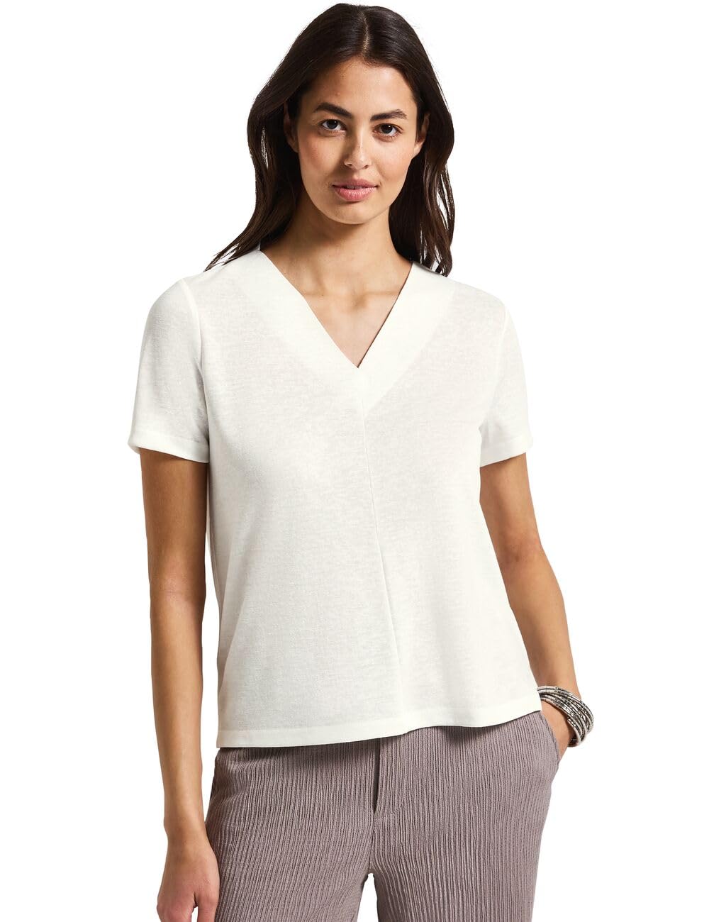 Damen V-Neck Shirt in Leinen-Optik