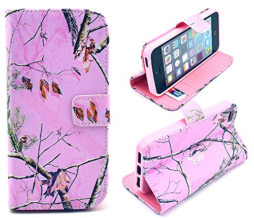 5S Case, iPhone SE Case, ArtMine Pink Tree Camo Durable Premium PU Leather Flip Folio Book Style Wallet Phone Case with Credit/ID Card Slot Silicone TPU Holder for Apple iPhone 5s