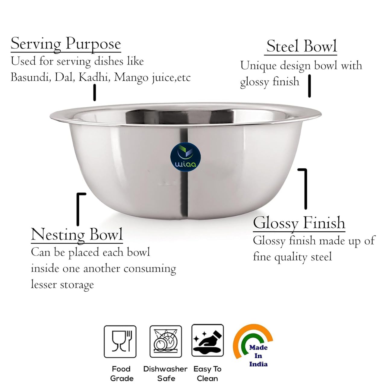 Stainless Steel Mixing Bowl 1400ml | Food-Grade Steel | Lightweight Round Base Bowl | Stackable, Wide Rim, Multipurpose Kitchen Use (Pack of 1) — Amazon image 5