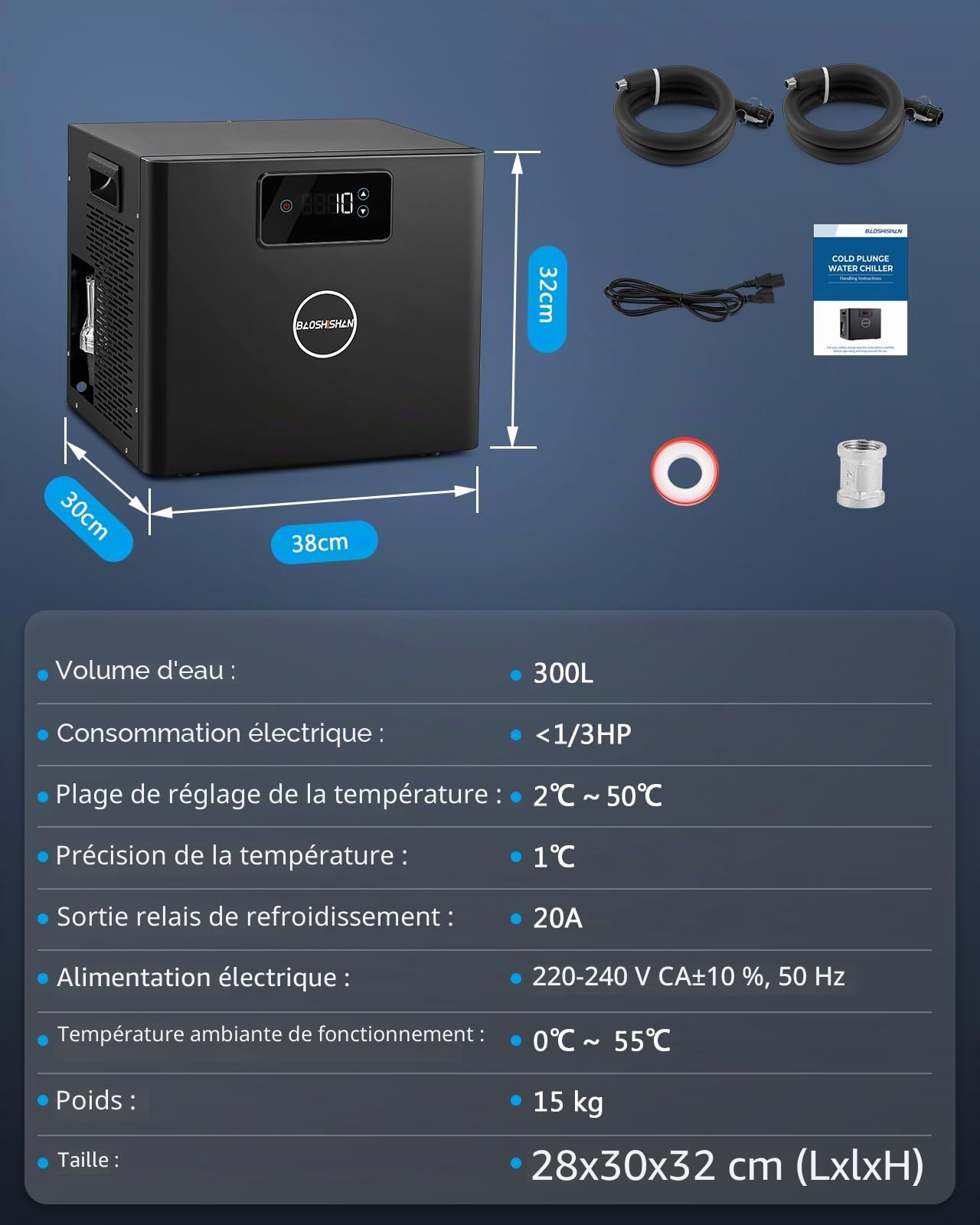 BAOSHISHAN Refroidisseur d'eau pour bain de glace 1/3 HP, plage de réglage de température 0-50 °C, avec filtre et pompe intégrés