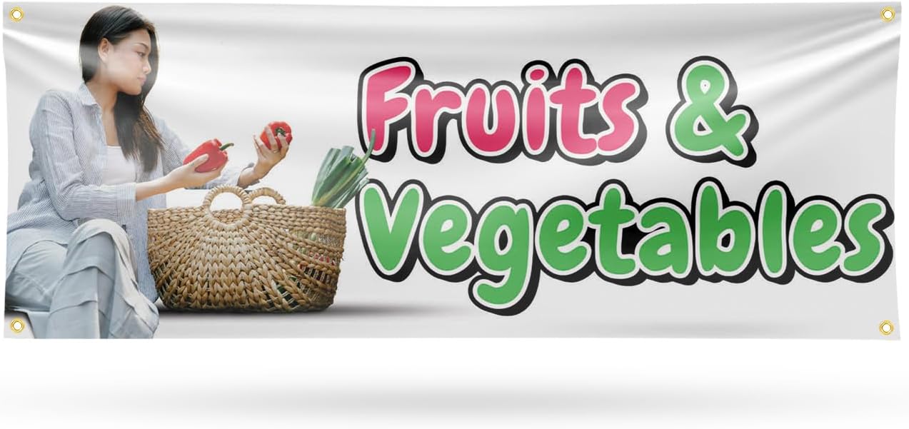 Fruits and Vegetables Banner Sign 18 Inch x 48 Inch | 13 oz Vinyl with Metal Grommets | Heavy-Duty Single-Sided Outdoor Durable Printed High-Quality Weatherproof | Made in the USA