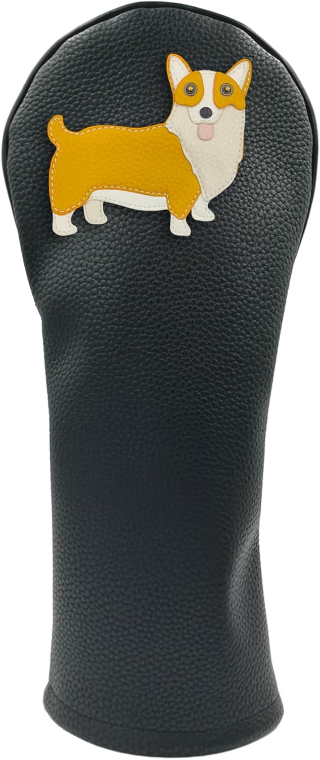 Corgi PU Leather Golf Club Covers Driver Headcovers Fairway Woods Hybrid Protector with Interchangeable Number Tag