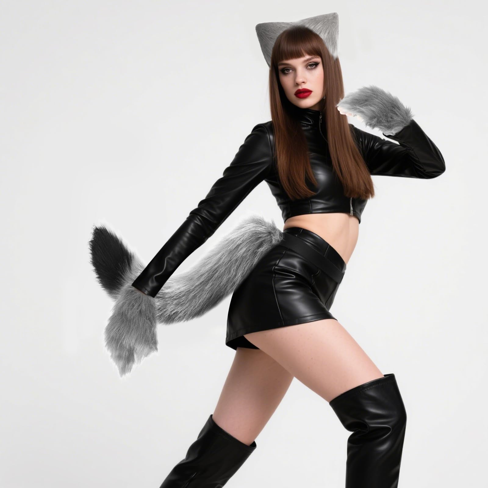 DRESHOW Orecchie e Coda da Lupo Guanti da Lupo Set Costume da Festa Cosplay Coda Super Enorme e Soffice per Donna