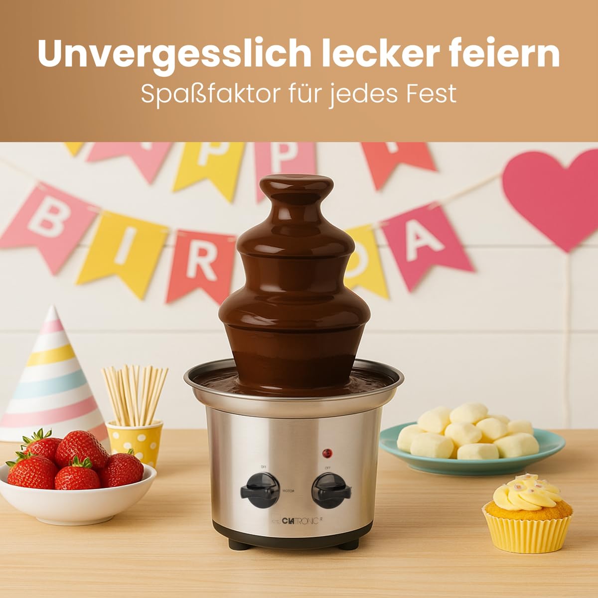 Clatronic® Schokobrunnen mit exzellentem Schokofluss | für Früchte und Gebäck I leicht zu reinigen | Schokoladenbrunnen | Schokobrunnen mit Schmelzfunktion I Schokoladenbrunnen klein I SKB 3248