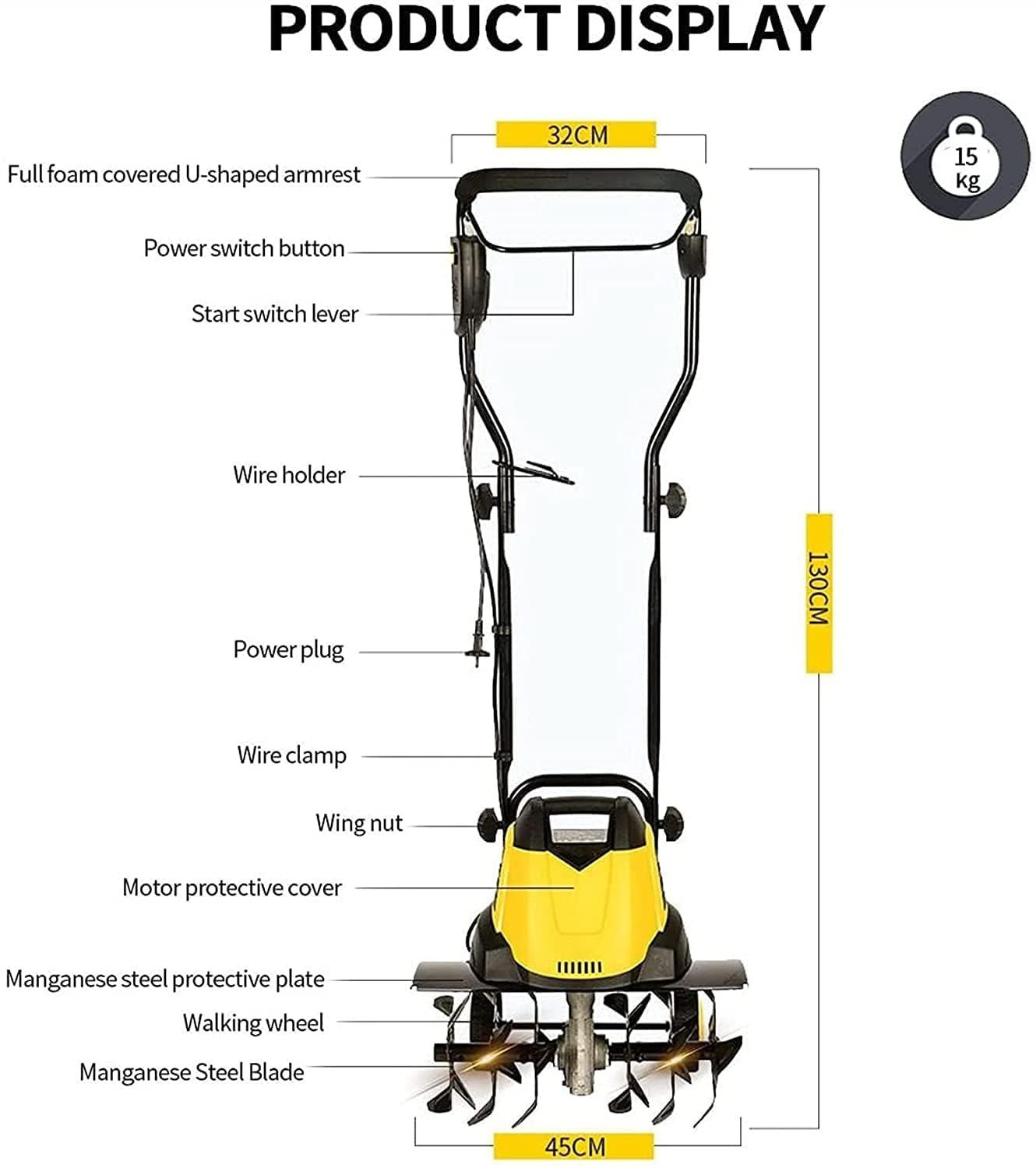 Motocoltivatore elettrico da giardino, motozappa rotante, 6 lame, profondità di lavorazione 22 cm, larghezza aratro 45 cm, zappa rotativa pieghevole, motozappa rotante portatile per prato, orto