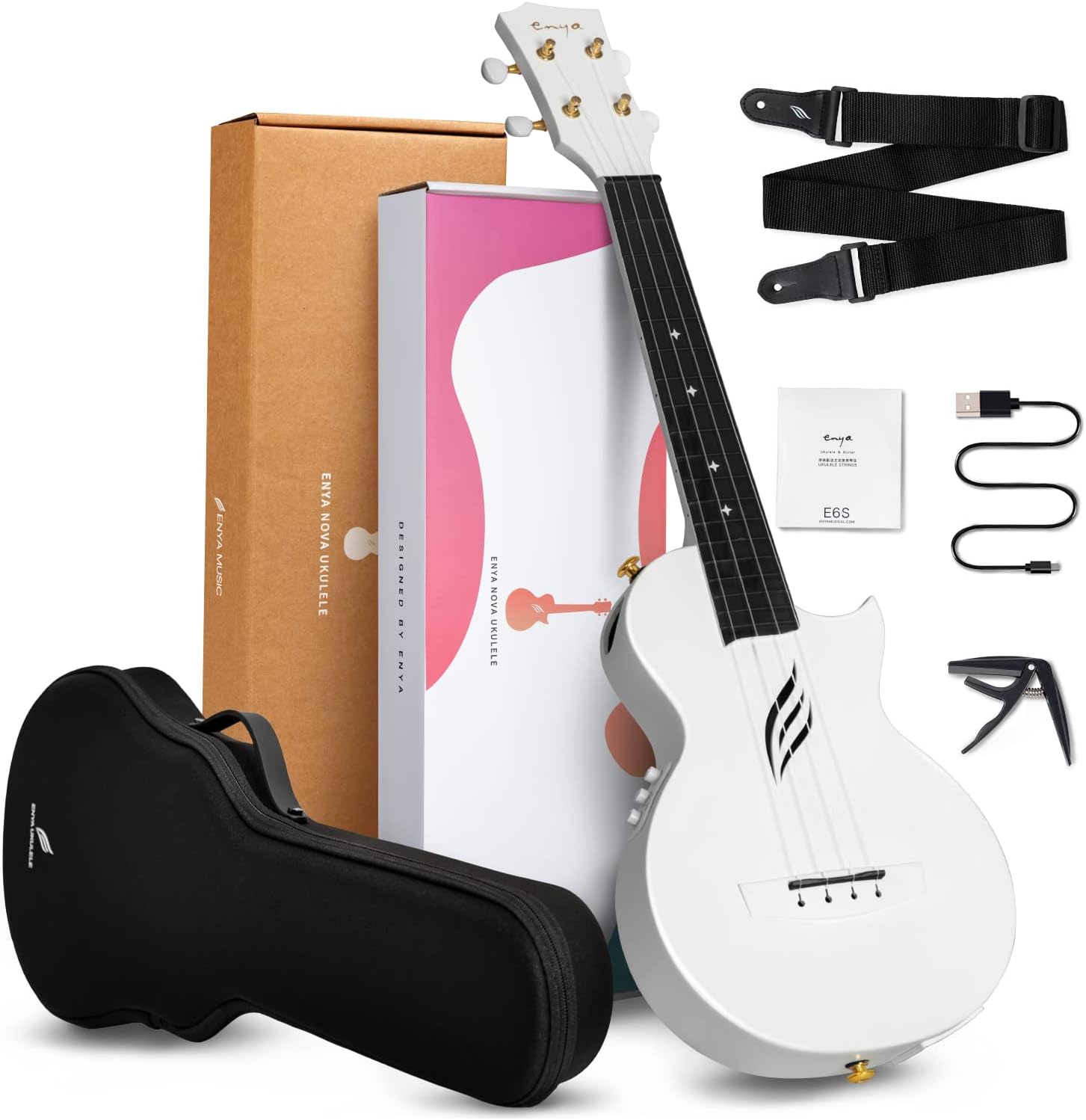 Enya Concert Ukulele AcousticPlus Nova U/WH EQ 23” Cutaway Carbon Fiber Beginner Travel Ukulele Kit with Case, Strap, Capo, Strings (White)