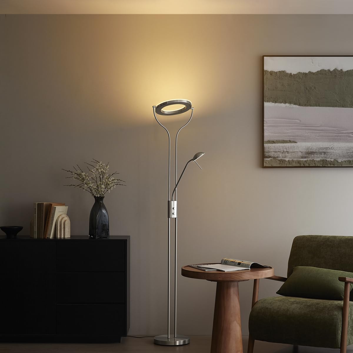 Qazqa led Modern Deckenfluter mit Lesearm, Stehleuchte, Stehlampe - Divo - Silber Farbe, inkl. 18W integrierter LED, dimmbar, 2-flammig, 195cm, Ideal als Bürolampe, Küche lampe, Schlafzimmerlampe