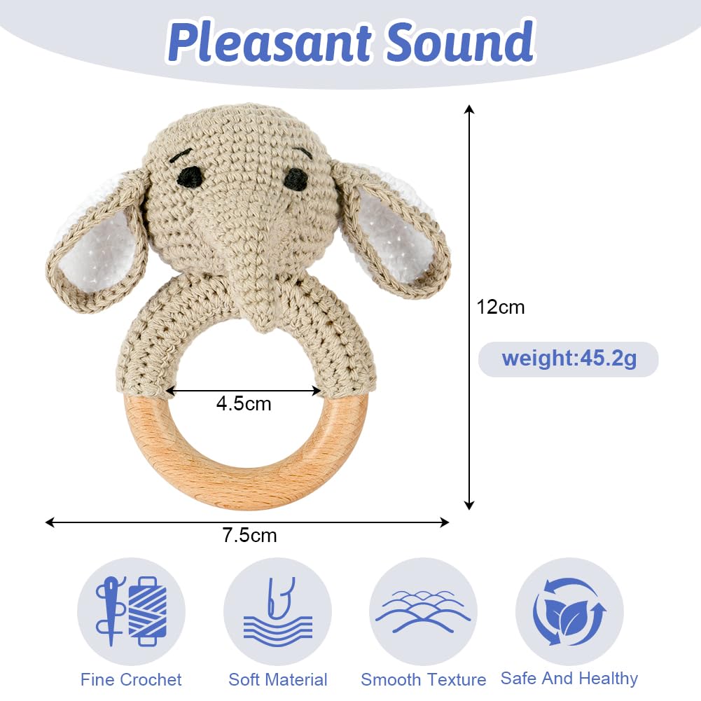 OFFCUP Baby Rattle, Wooden Crochet Animals Baby Soft Rattle Sensory Toys - Image 2