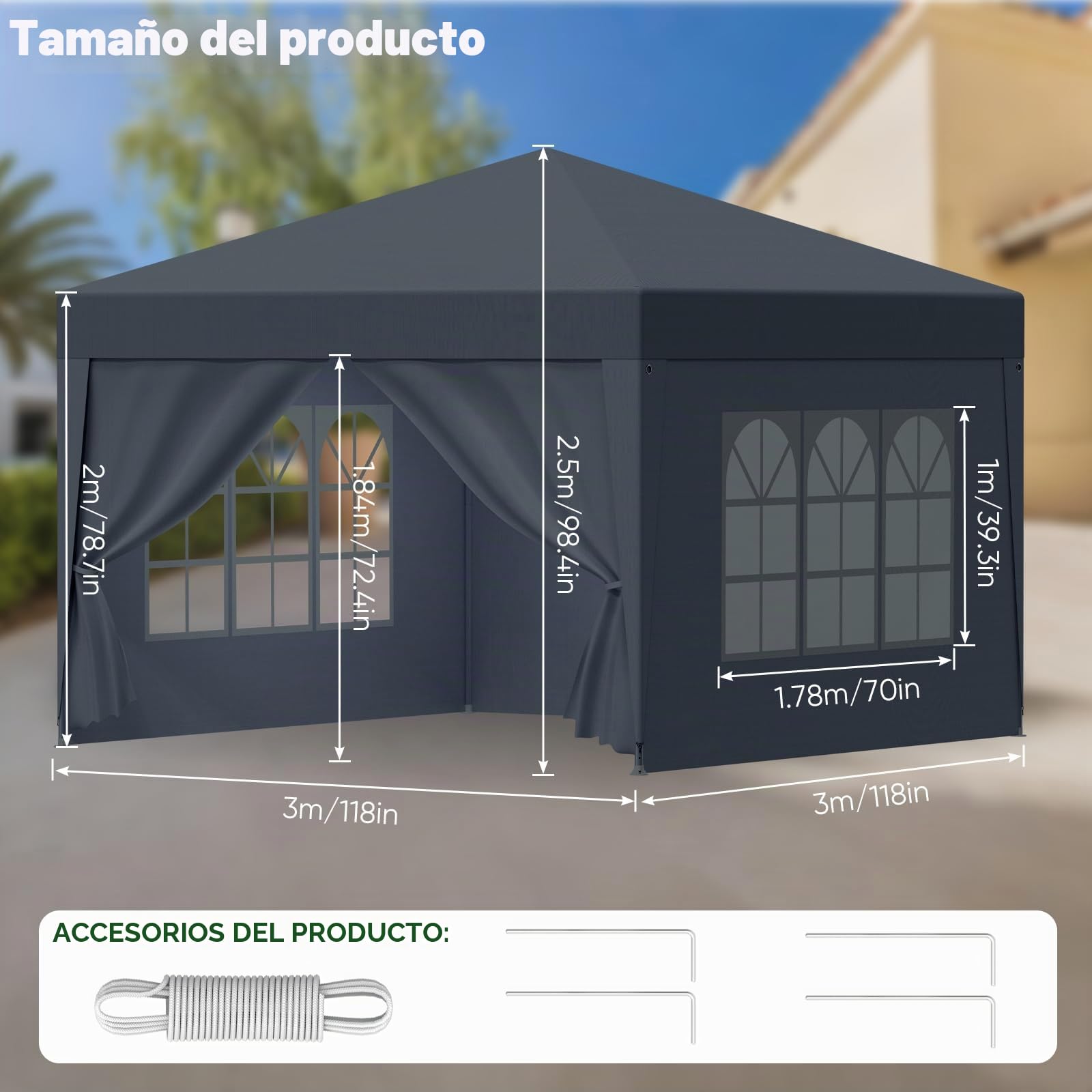 Cenador de 3 x 3 m con 4 paredes laterales, resistente al agua, estable, resistente al invierno, protección UV, carpa para fiestas con techo de polietileno y marco de acero para eventos al aire