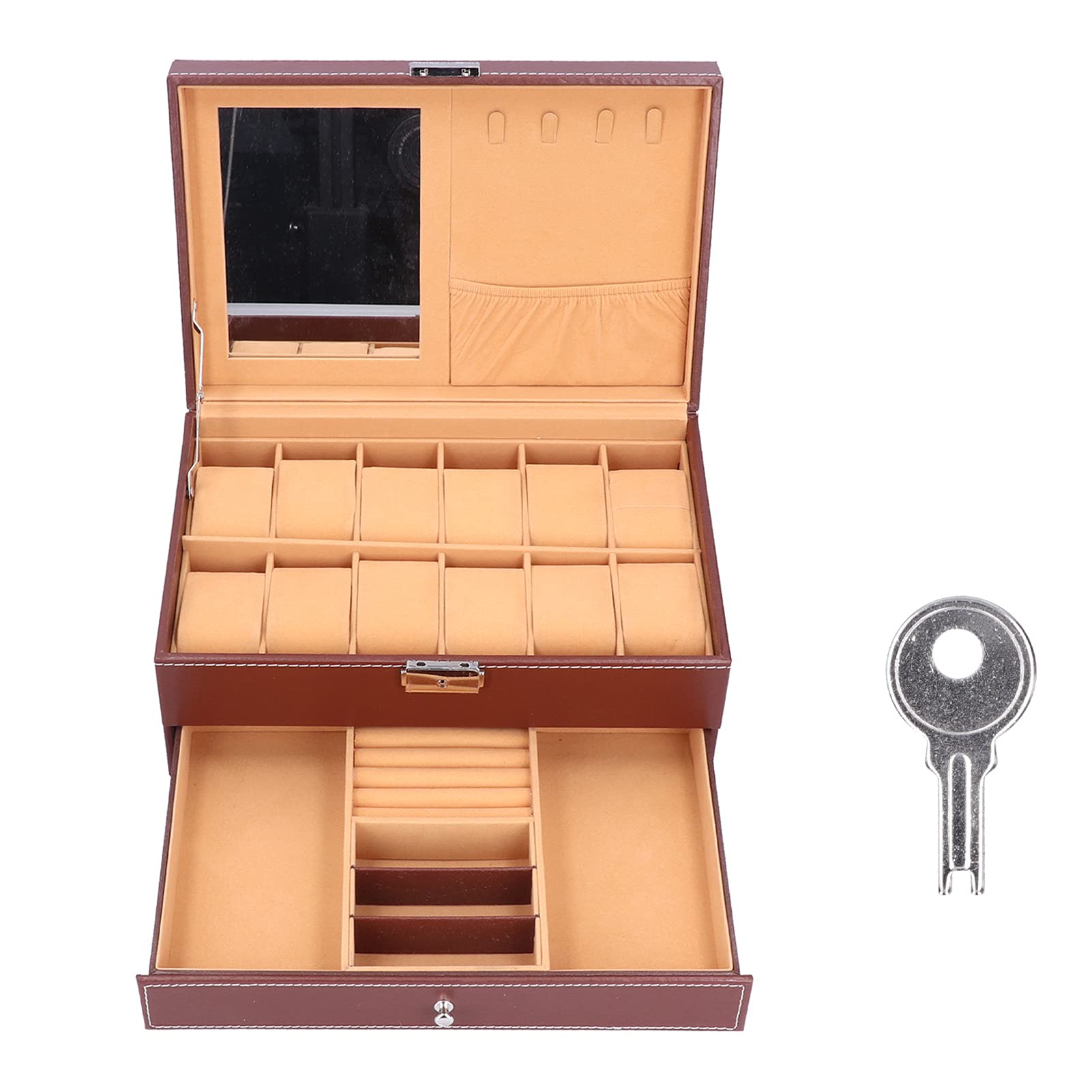 Cocoarm Schmuckschatulle, PU-Leder, Uhrenbox, Doppellagig, 12 Fächer, Aufbewahrungsorganisator mit Spiegel und Abnehmbarem Schlüsselfach für Damen, Schminktisch, Schrank-Display