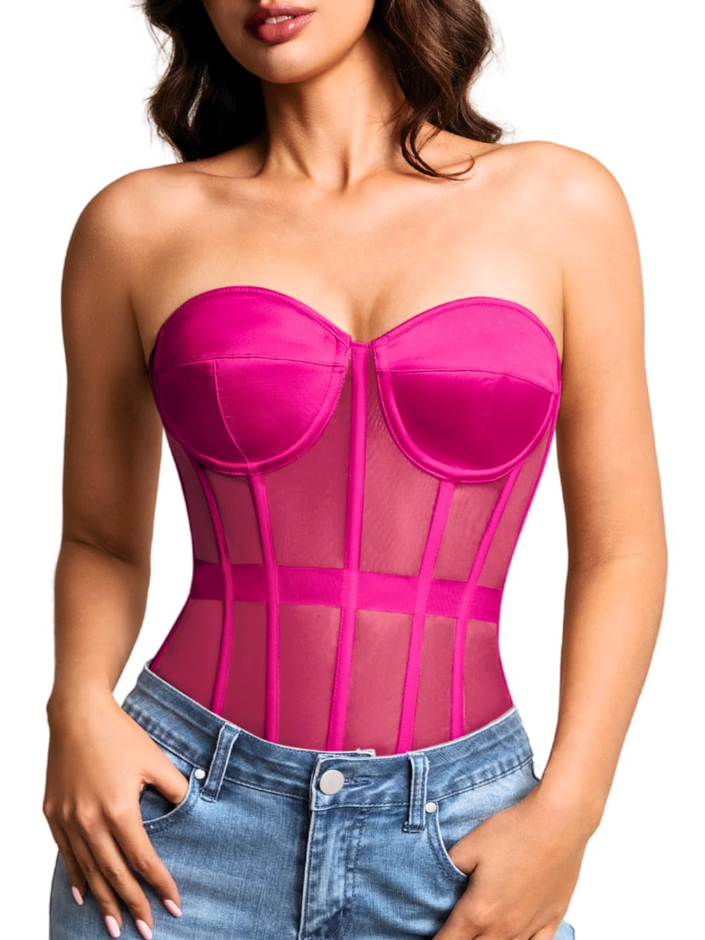Kaei&amp;Shi Women's Strapless Mesh Corset Top, Padded Lace-Up Bustier