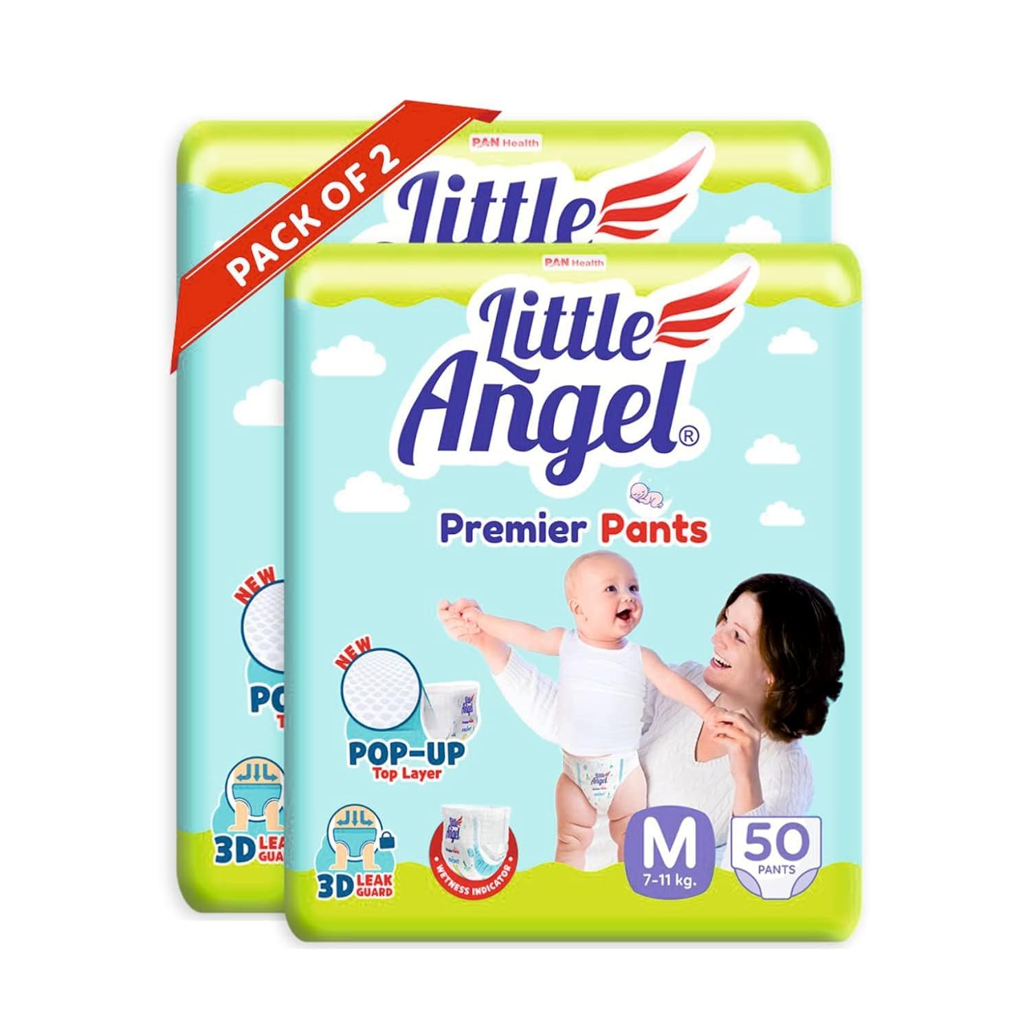 Little Angel Premier Pants Baby Diapers, Medium (M) Size, 100 Count, Combo Pack of 2, 50 Count/pack with Wetness Indicator, 7-11 Kg