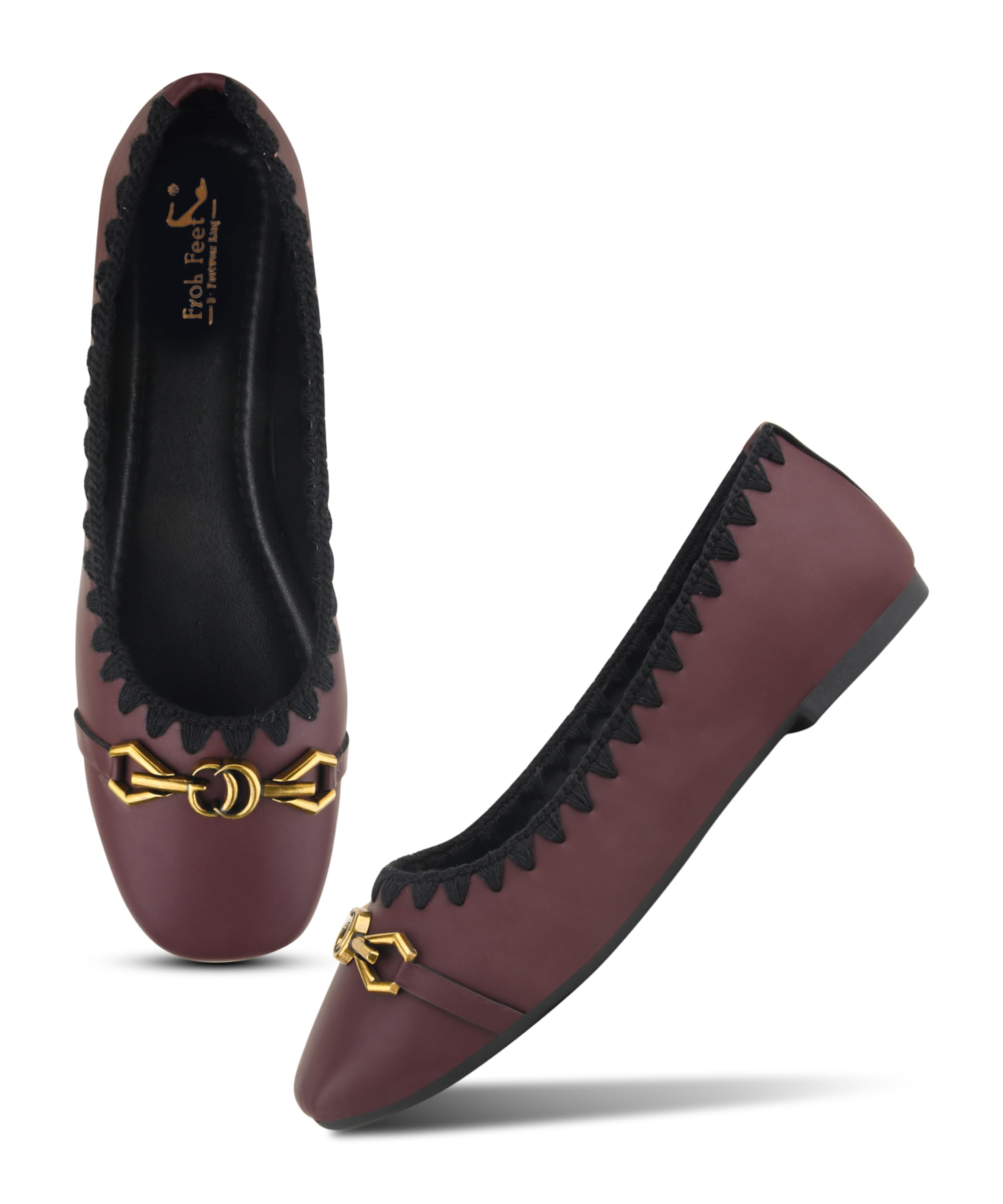 Froh Feet Women’s Classic Round Toe Ballet Flats Featuring Decorative Scalloped Embroidery and Metallic Link Accent-picture-14