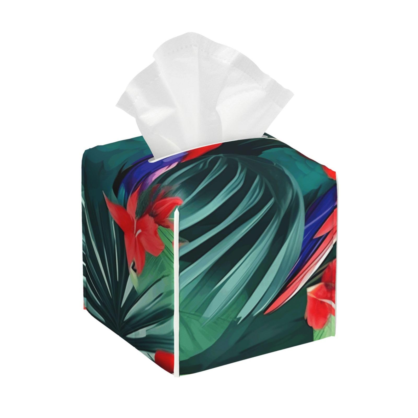 Tropical Flower Parrot Print Tissue Box Cover Leather Holder Square Facial Paper Organizer Dispenser