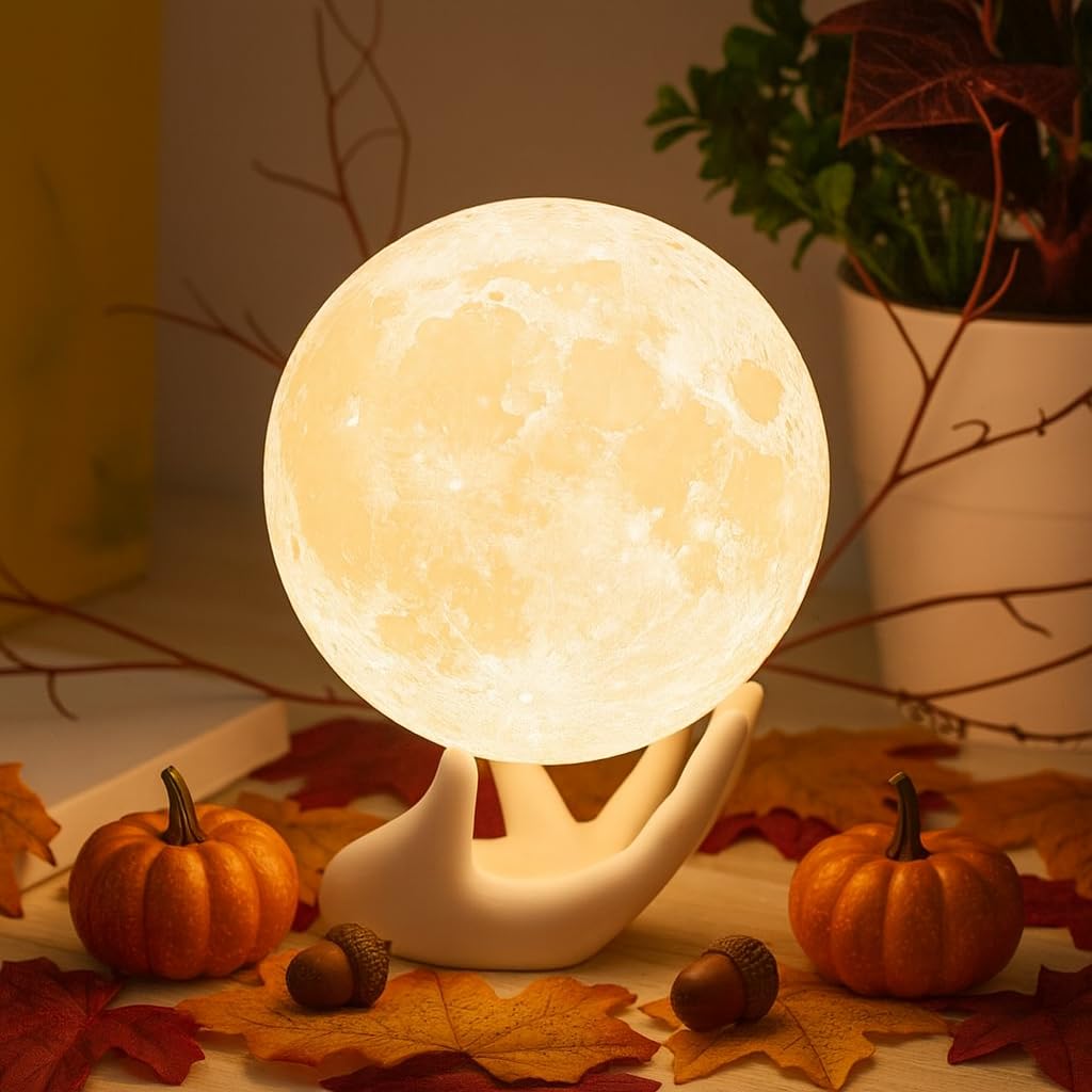 Mydethun Moon Lamp – 3.5" 3D Mood Lighting with Ceramic Base, Fall Halloween Decor, Dual-Color White/Yellow, Touch-Dimmable LED Night Light, Gift for Women Girls, Small Lamp for Kids Room