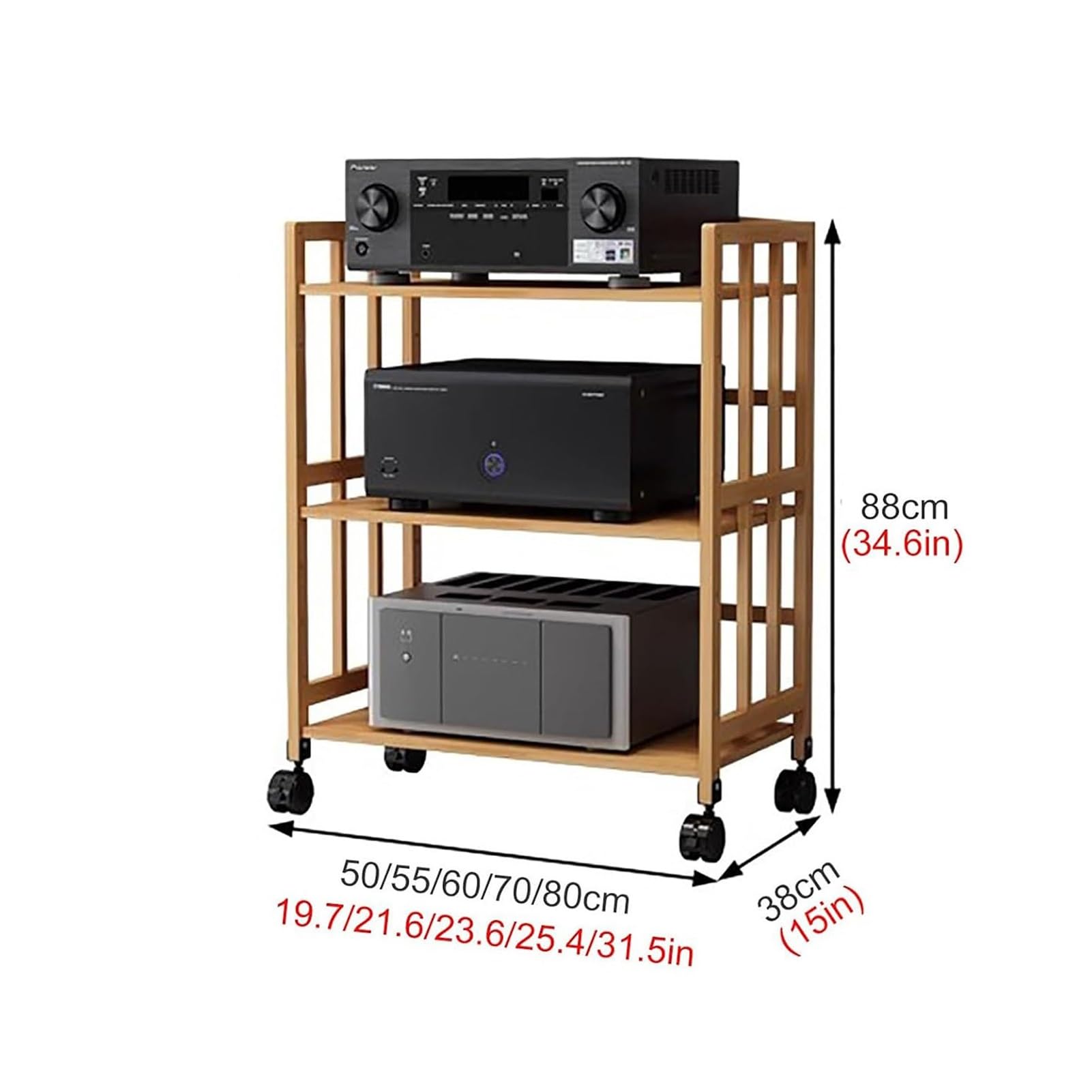 XingLi Movable AV Media Stand Audio Rack CD Player Stand Stereo Component Storage Cabinet With Adjustable Height Shelves, for Living, Gaming, Theater(3 Tier-88cm,W-50CM)
