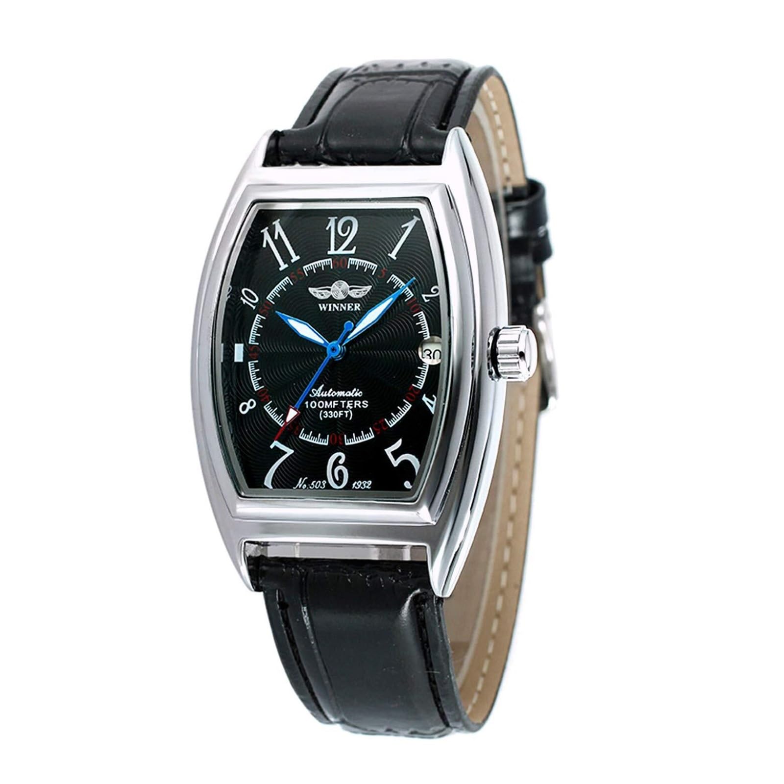 Reloj automático for hombre con función de fecha de marca superior | Reloj mecánico semiautomático informal con forma de barril Reloj de cuero negro