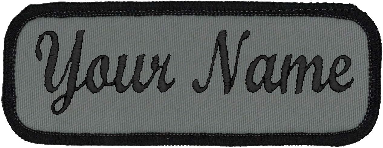 Name Tag Personalized and Embroidered 4 Wide x 1.5 Tall Black Border-Graphite. Hook Fastener.