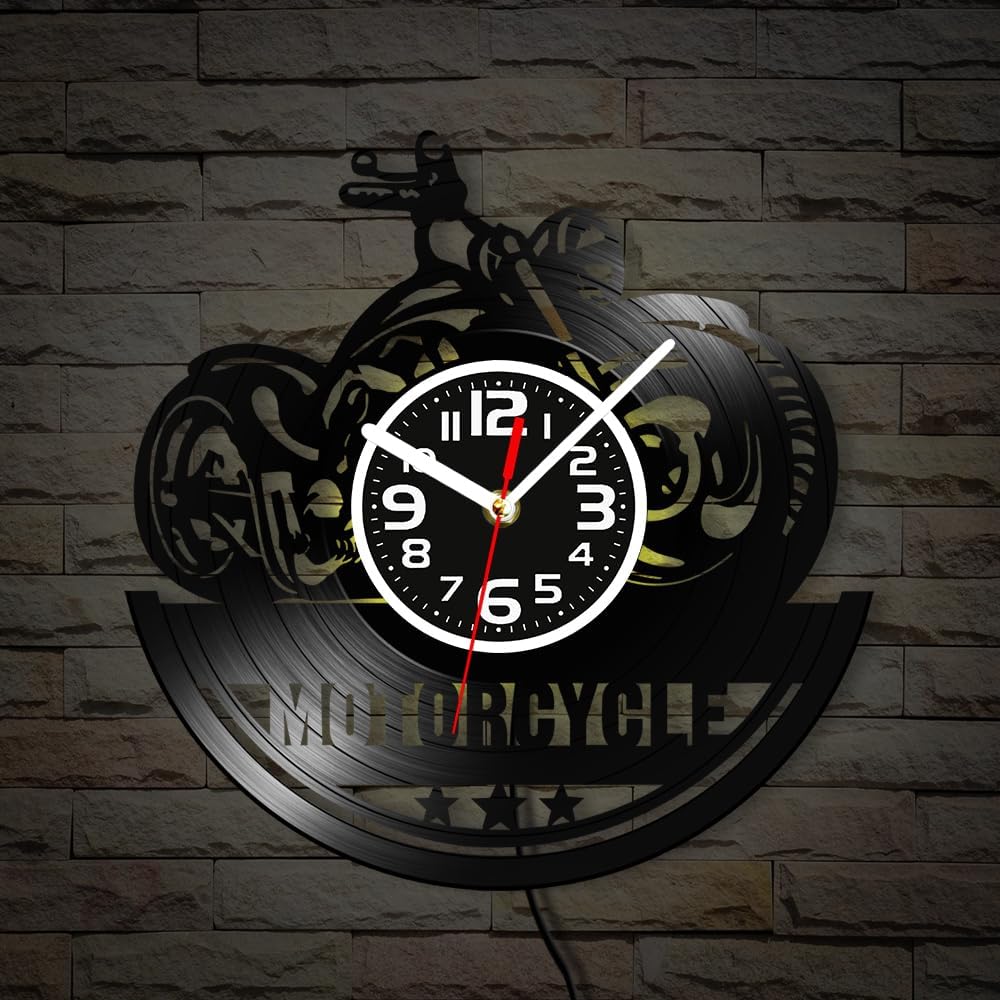 Geek Alerts 12''American Classic Motorcycle Retro LED illumination Wall Clock Made Of Real Vinyl Record,Motorbike Garage Sign Vintage Laser Cut Longplay Silent Quartz Clock Glow in Dark Gift for Biker