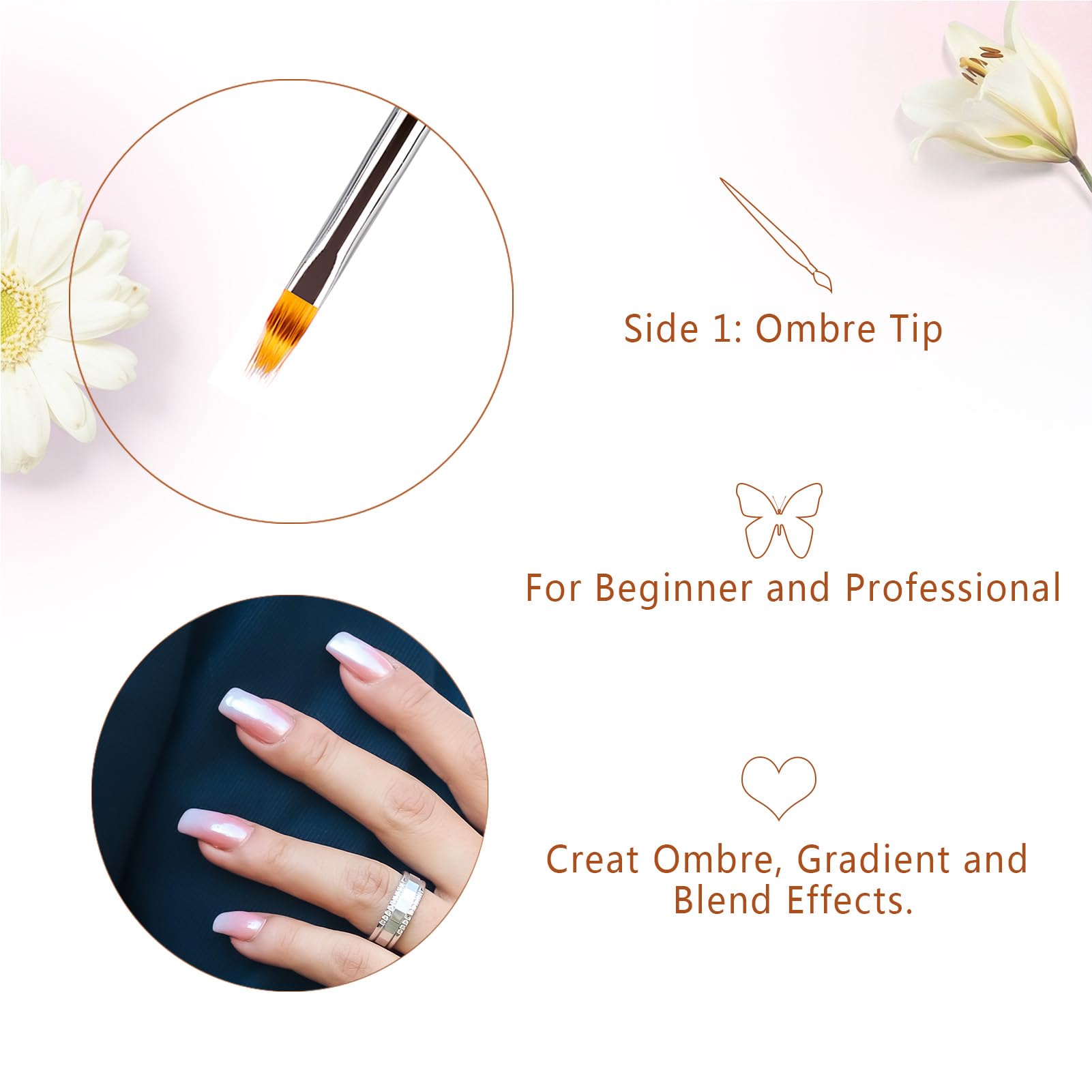 Pennelli Unghie Gel Ombre/French Professionali con Tappo Penna per Nail Art Semipermanente, LEA-SHALL Pennello Doppia Estremità 2 Teste Ombre/Francese Pennellino Ricostruzione Set