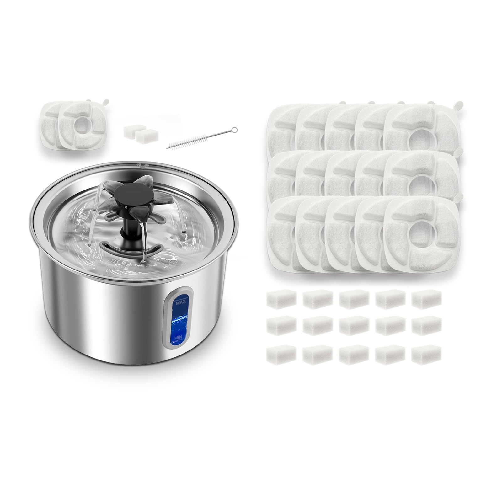 3L/101oz Stainless Steel Cat Water Fountain for Indoor Use (Includes 2 Filters) and 15 Pack Cat Water Fountain Replacement Filters
