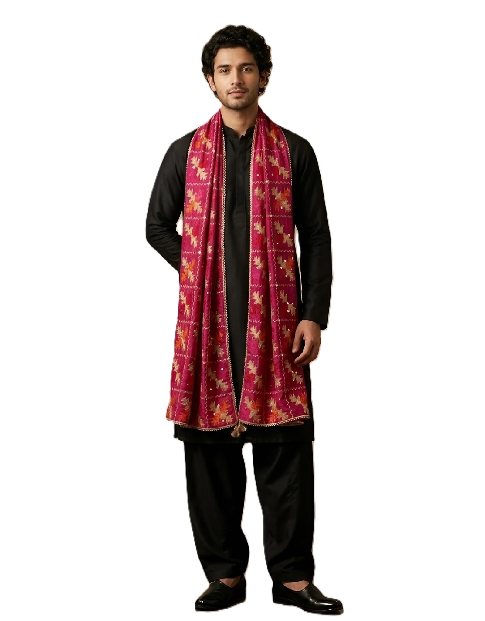 muffly Chinon Phulkari Embroidered Men's Dupatta with Mirror Detailing & Tassel Border-picture-12