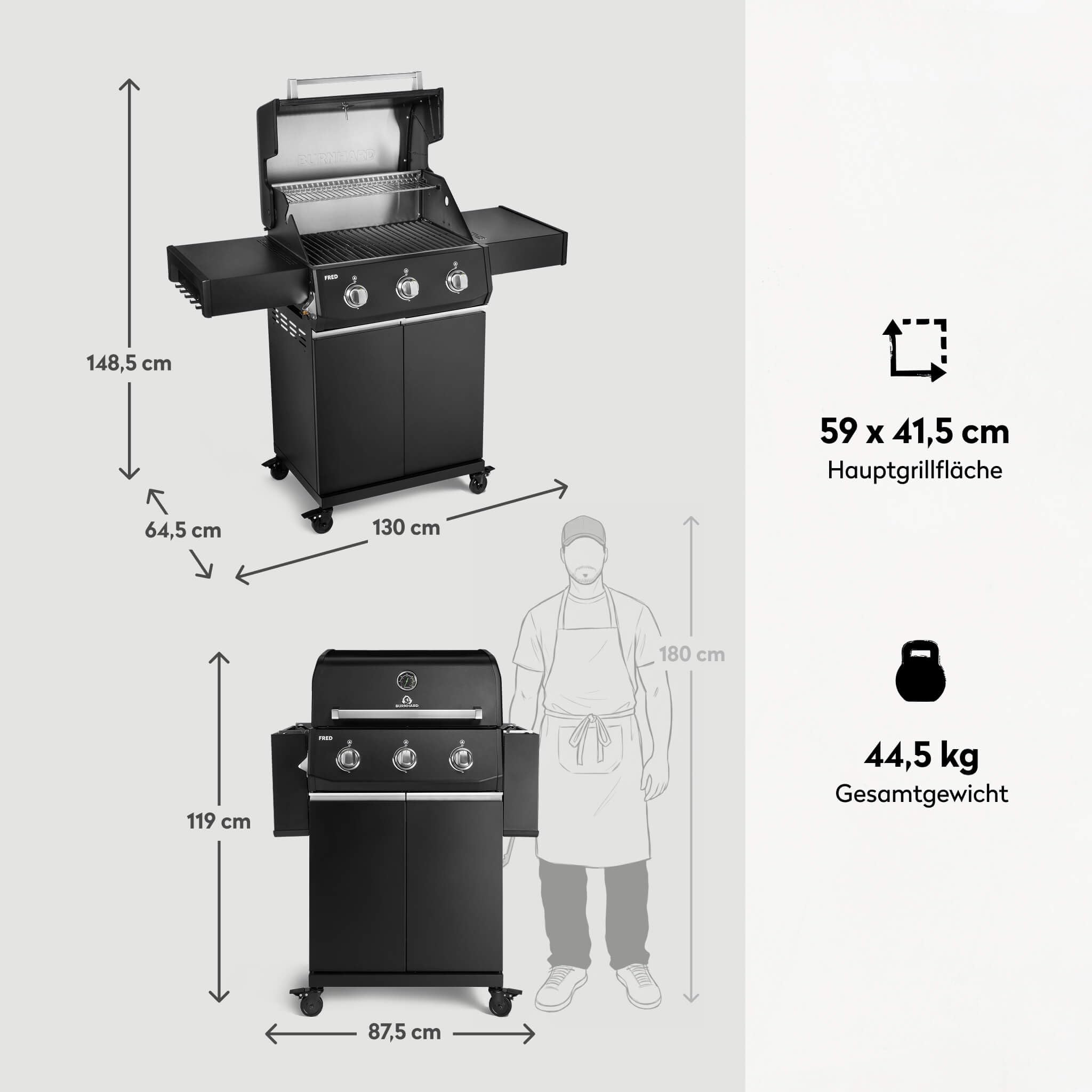 BURNHARD® Gasgrill 3-Brenner, 9,6 kW, Edelstahl-Stabbrenner, Piezo-Zündung, Gussrost, große Grillfläche, stabile Alu-Seitenteile – FRED Base