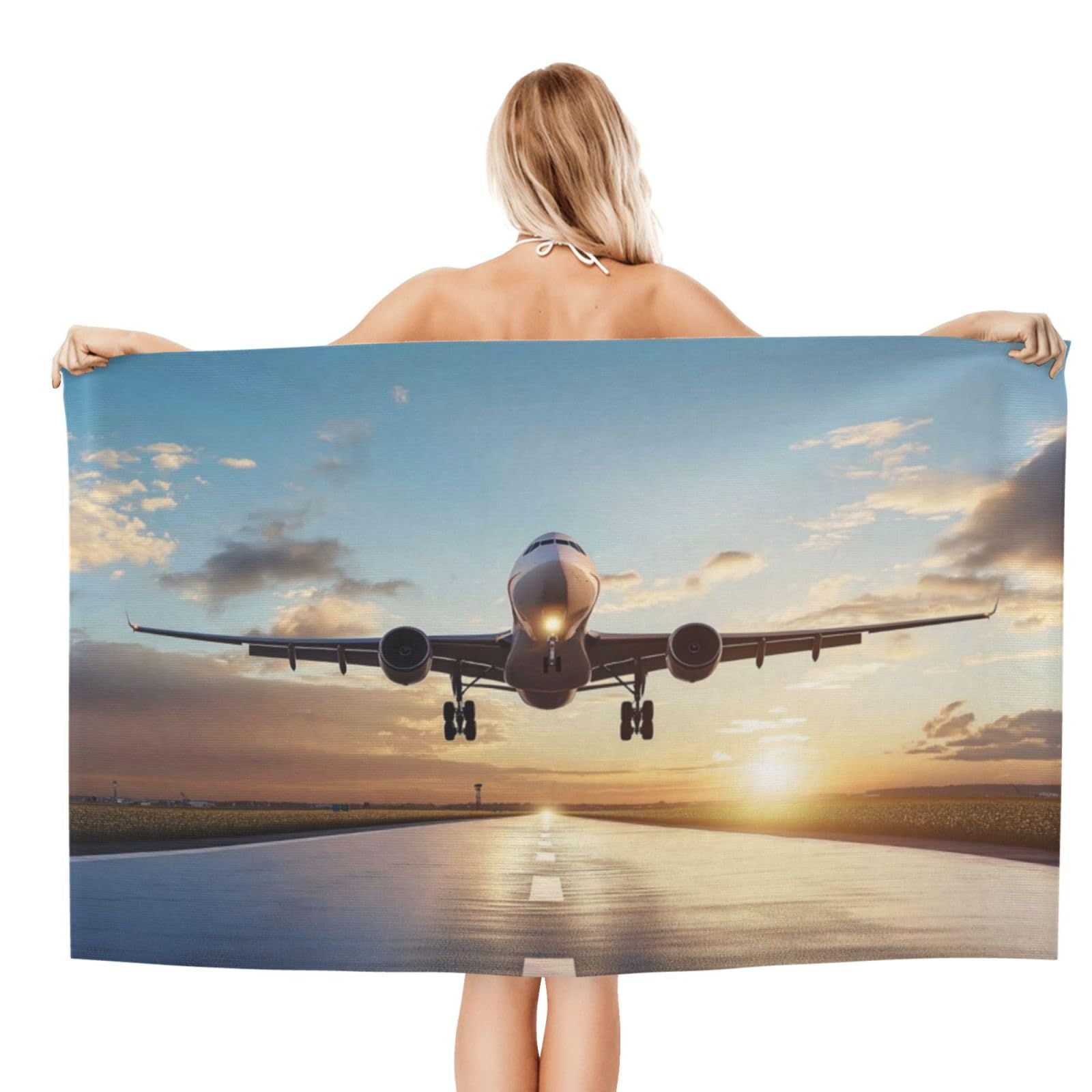 Ultra Soft Microfiber Jet Airplane Landing at Sunset Runway Beach Towel Multi-Use for Bathroom Pool Travel