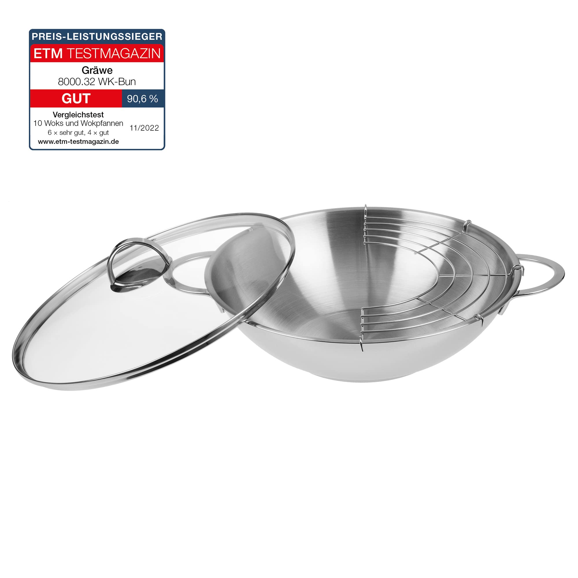 GRÄWE Wok en acier inoxydable de 32 cm avec couvercle en verre et grille de rangement