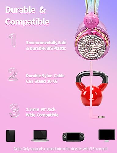 Miniatura 3 de Auriculares de unicornio para niños con micrófono para la escuelaviajes, volumen limitado de 95 dB, Shareport, auriculares con cable de nailon con