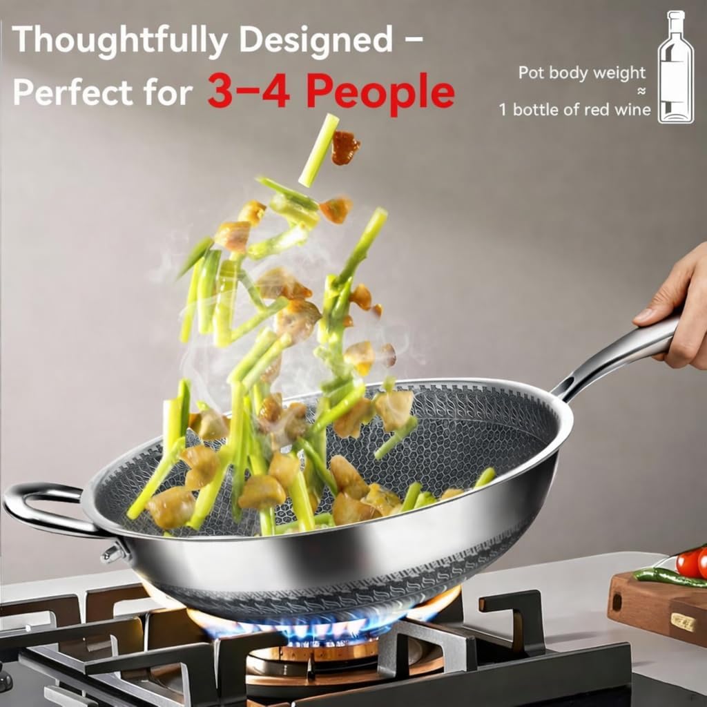WANGYUANJI Honeycomb Stainless Steel Wok Pan with Lid, 12.6 Inch Hybrid Nonstick Stir Fry Pan Flat Bottom, PFOA-Free, Induction Compatible, Dishwasher Safe, No Seasoning Needed (Serves 3-4) - Image 2
