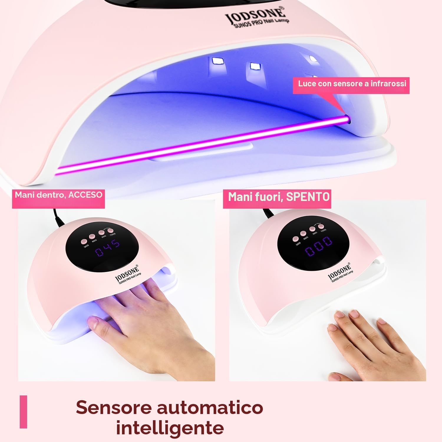JODSONE Lampada uv led unghie rosa professionale, Fornetto unghie 24 LED 4 Timer 30/60/90/120S, Sensore Movimento Base Staccabile per Smalto Semipermanente Gel UV