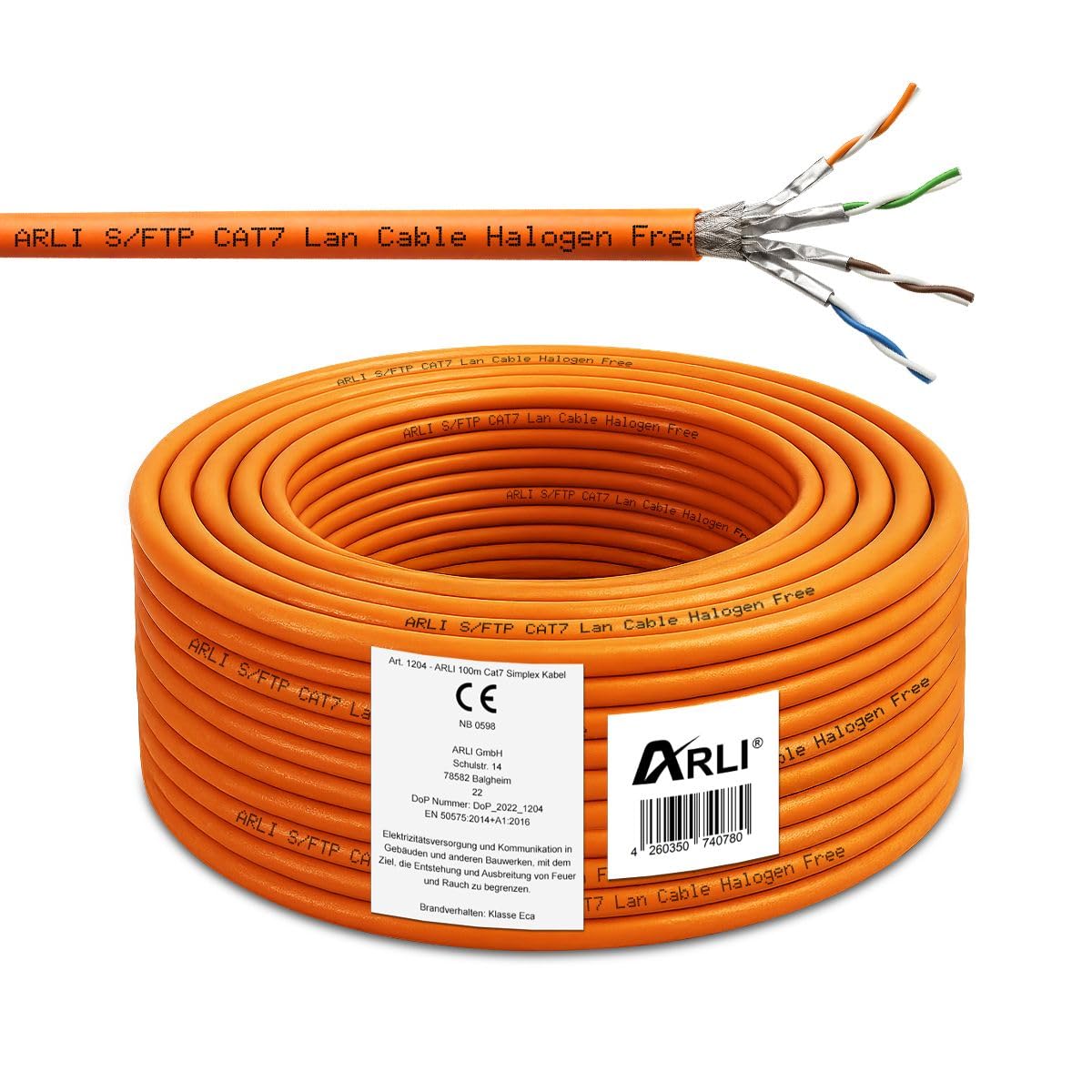 ARLI Cavo di rete CAT 7 LAN, non alogeno, SFTP S/FTP CAT7, cavo PIMF, cavo dati di cablaggio CAT7 AWG23/1, arancione, in rame, schermato, Gigabit Ethernet, classe F 100m