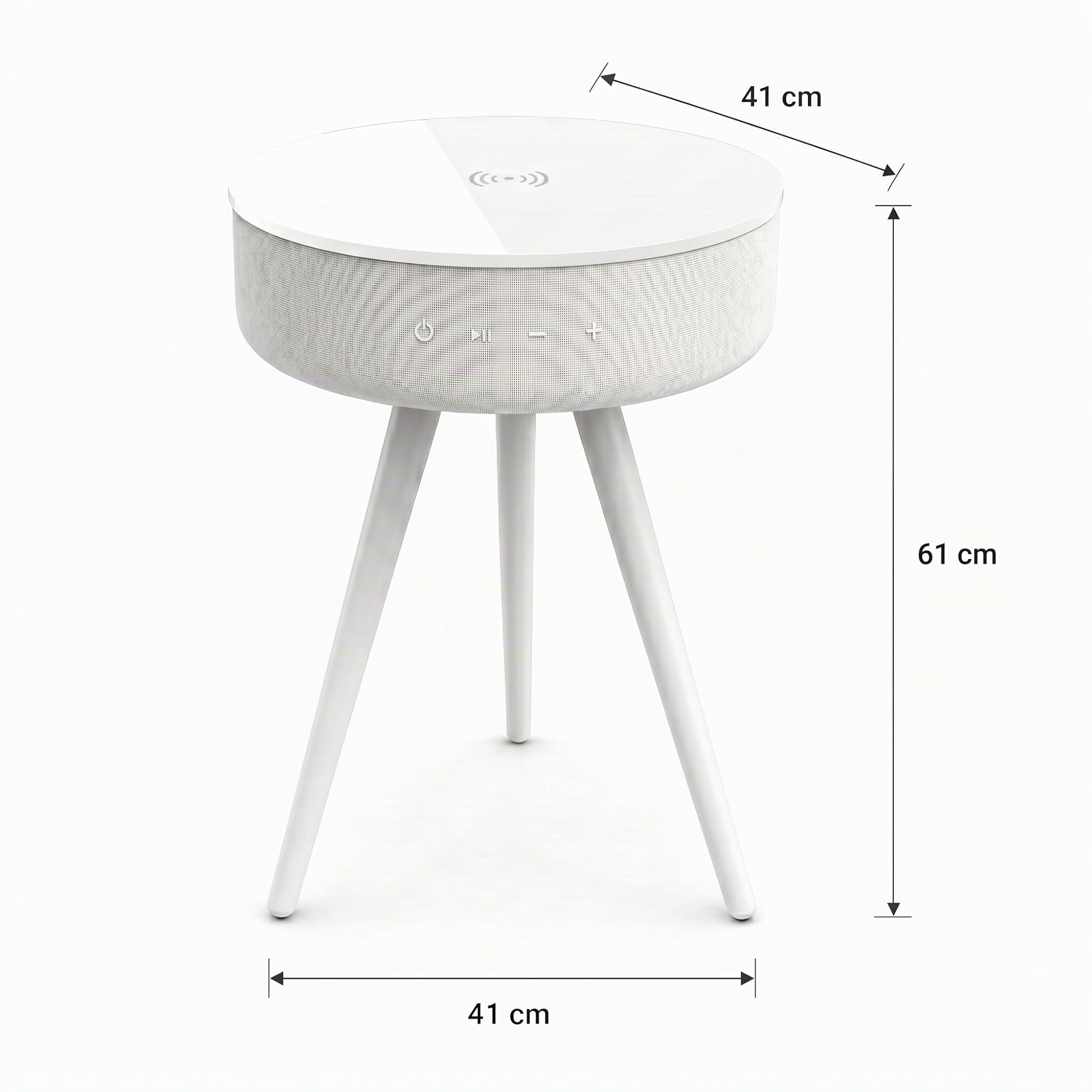 TD Systems - Mesilla Altavoz Bluetooth 30W con Carga Inalámbrica y USB, Mesa Auxiliar con Altavoz Integrado, Batería Recargable, Madera y Lacado Blanco para Salón y Dormitorio | SM30B11WB