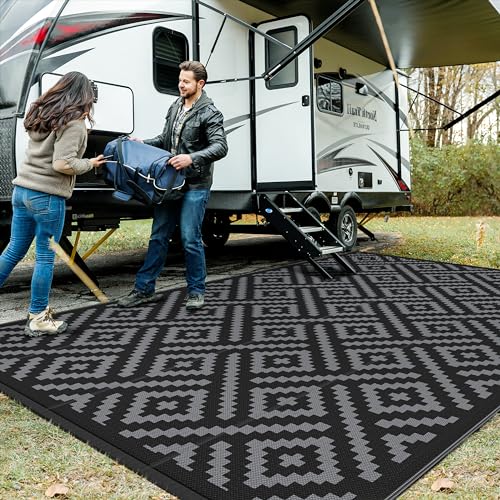 Image of GENIMO Outdoor Rug, Waterproof Plastic Rugs 10'x14' for Camping Black Grey