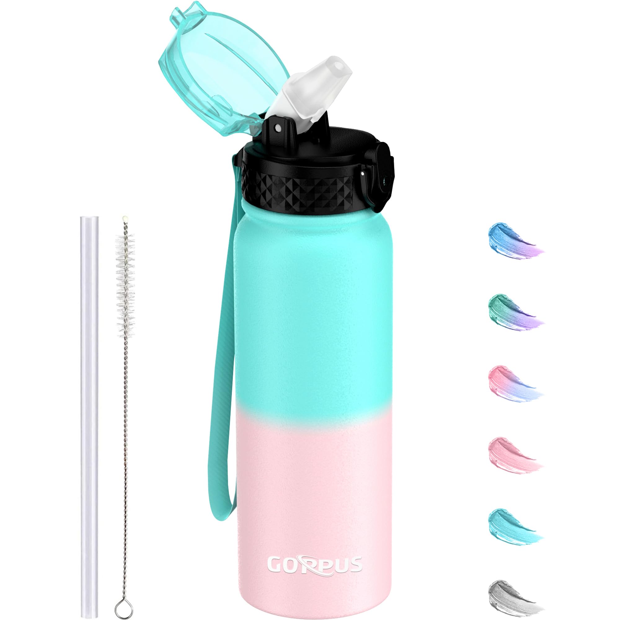 GOPPUS 600ml/20oz Stainless Water Bottle with Straw Double Wall Insulated Bottles with Strap One Hand Open Vacuum Thermal Flask Leakproof Keep Cold Bottles with Flip Top Lid BPA Free (Green Pink) — image 1