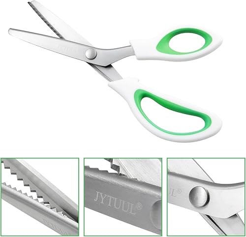 Miniatura 3 de JYTUUL Tijeras de tinta verde de 9.5 pulgadas, hoja de acero inoxidable afilada, tijeras de costura en zig zag para tela, papel y cuero, agarre