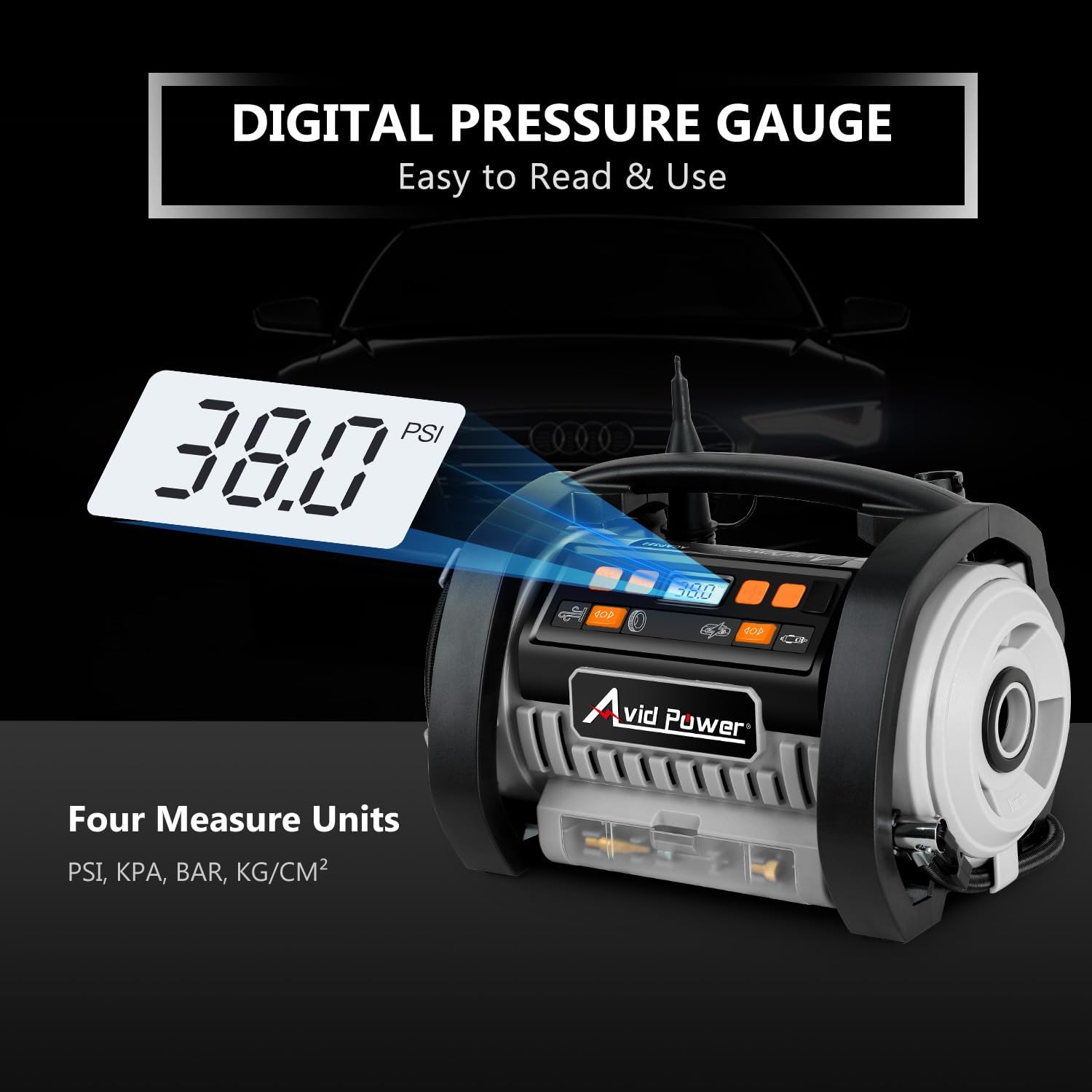Avid Power Tire Inflator's digital pressure gauge displaying 38.0 PSI