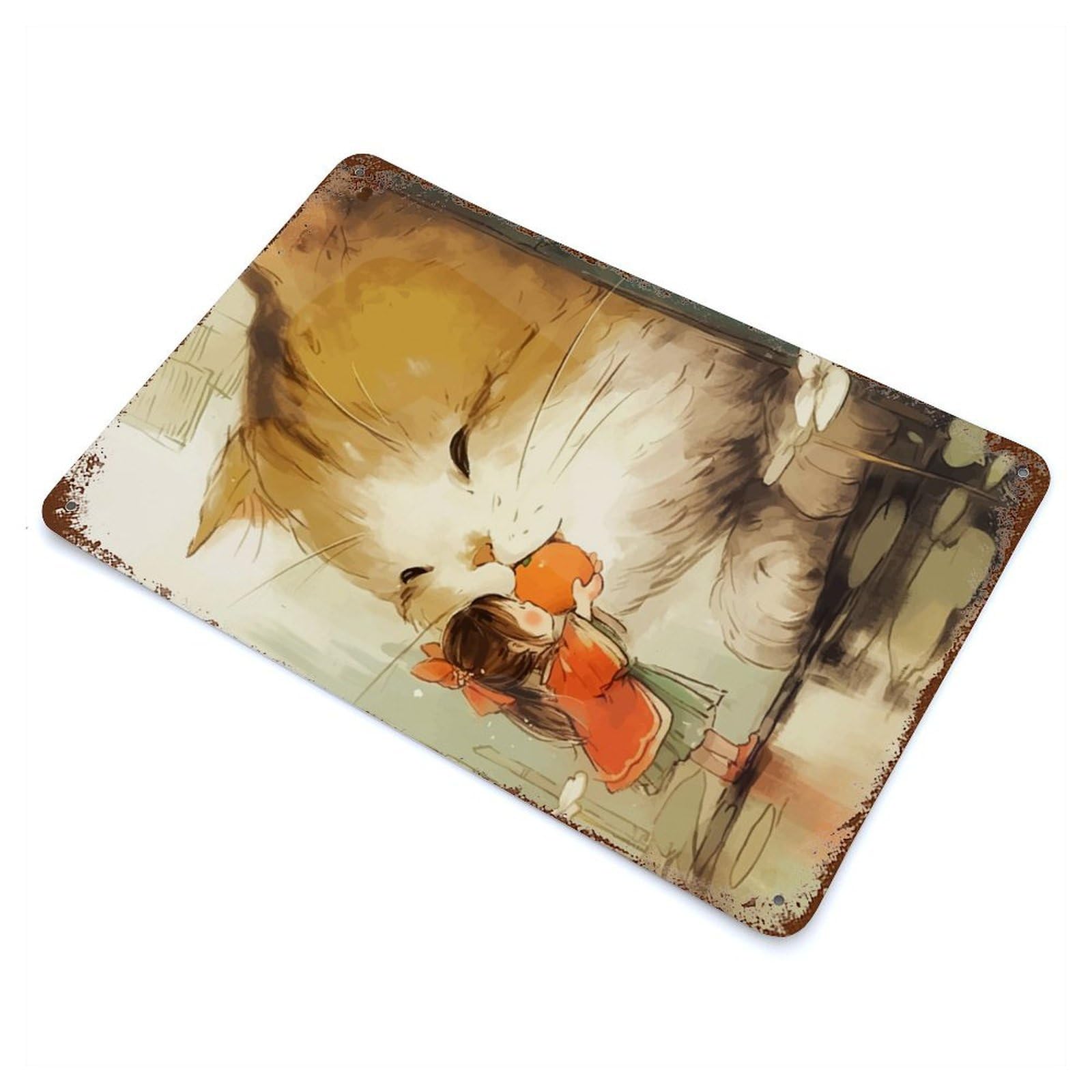 Rust Effect Girl Feeding Giant Cat Vintage Rust Metal Sign 11.8"x7.9", Classic Wall Plaque for Shed, Workshop And Garage Wall Decor