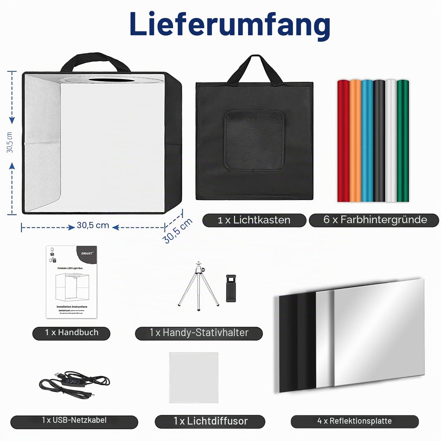 EMART Fotostudio Lichtbox, 30x30x30 cm Fotobox zum Fotografieren, Foto Studio Set 120 LED-Licht und 6 Wasserdichten Hintergründen für Produktfotografie, Schmuck und kleine Gegenstände