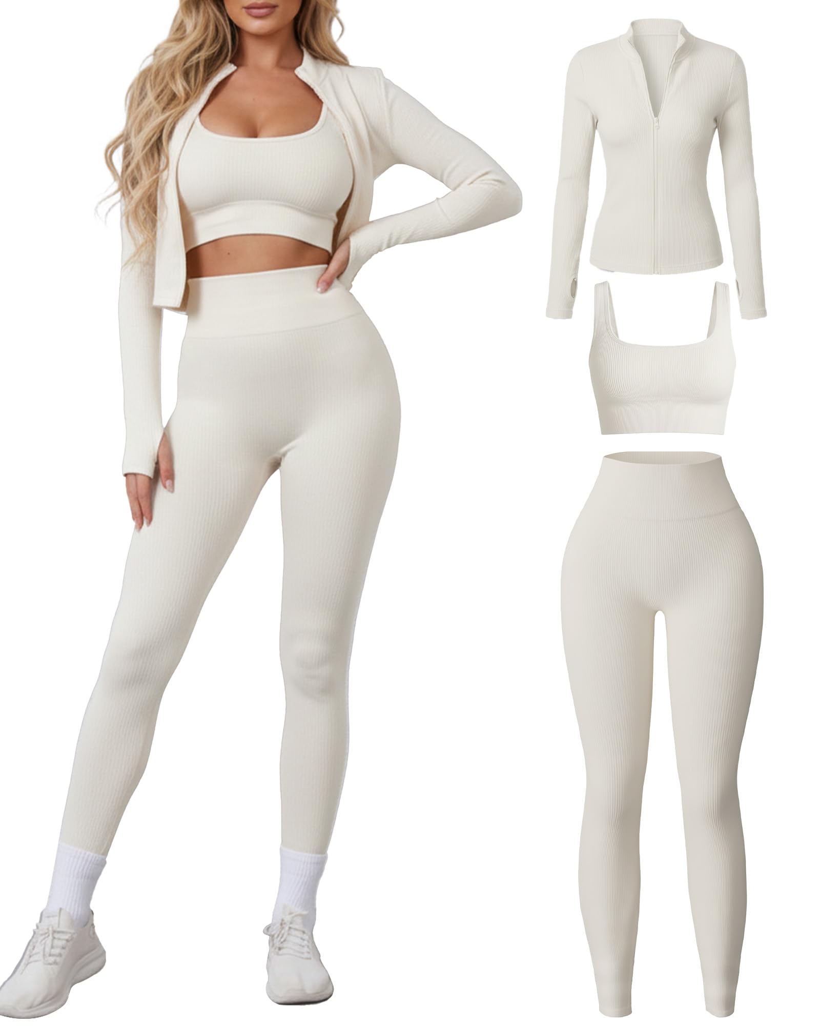 Women 3 Piece Seamless Workout Set Sports Bra High Waisted Gym Yoga Leggings Zip Up Jacket with Thumbhole